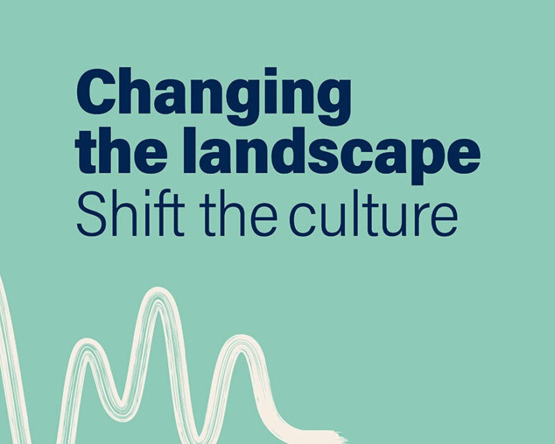 Tile shows title of audio explainer series 'Shift the culture' with a sound wave type graphic on teal.