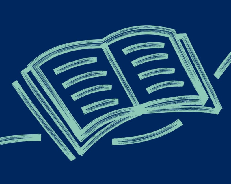 Illustration of open book in teal on dark blue background.