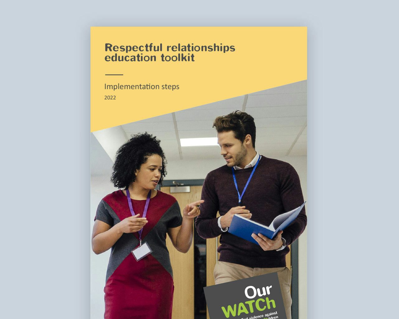 Cover of resource showing image of a woman and man teacher walking in a corridor discussing something. The man is holding an open folder.