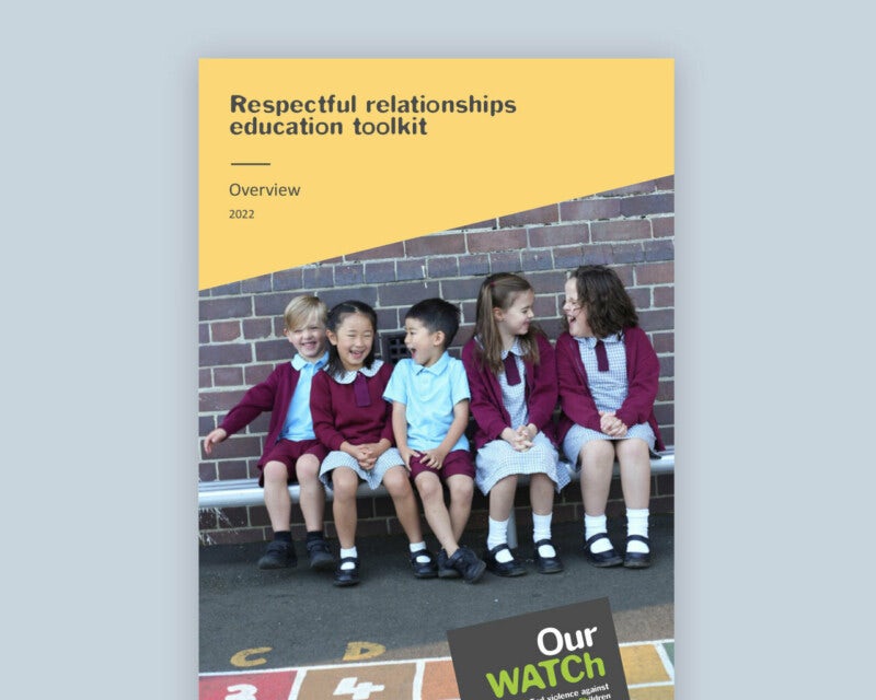 Cover of resource showing five primary aged children in school uniform sitting on a bench in a line talking and laughing together.