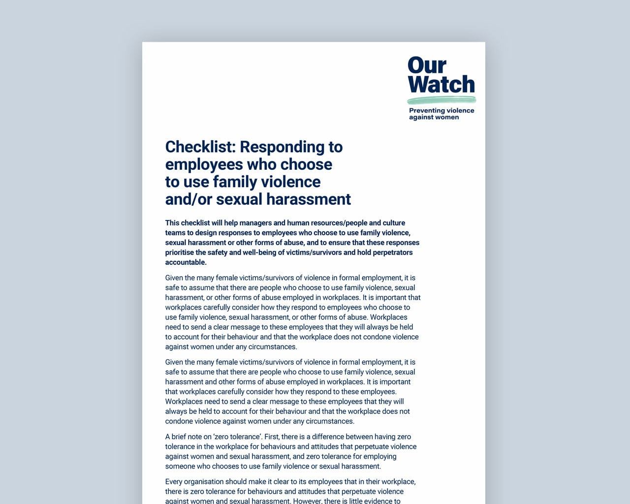 Document cover with dark blue text on white background and Our Watch logo.