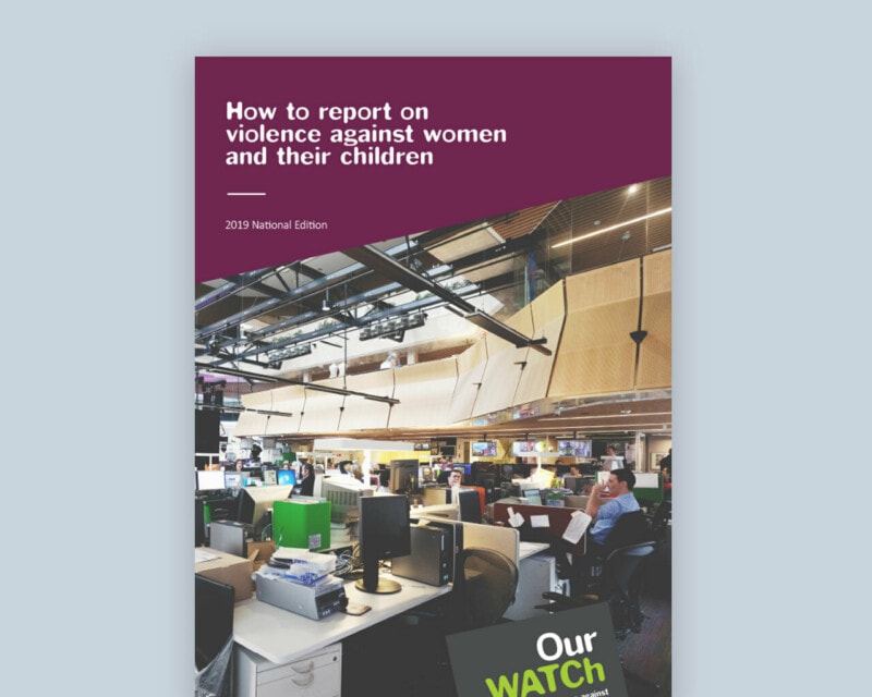 Cover of National media reporting guidelines showing a newsroom image with purple block of colour and white headline.