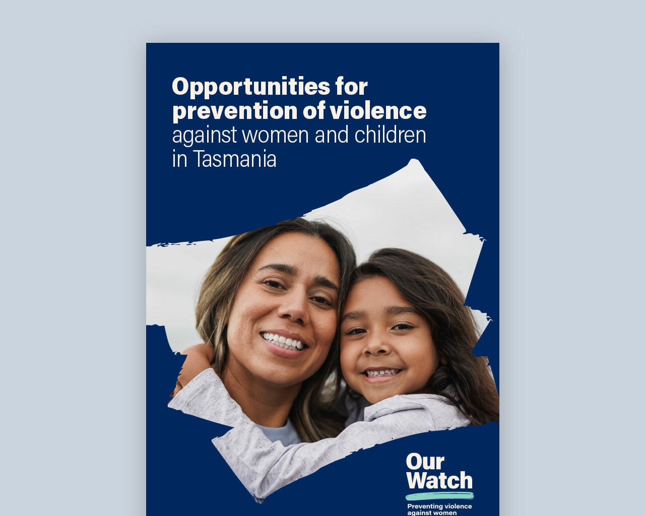 Cover of document with publication title and image of smiling woman and child on blue background.