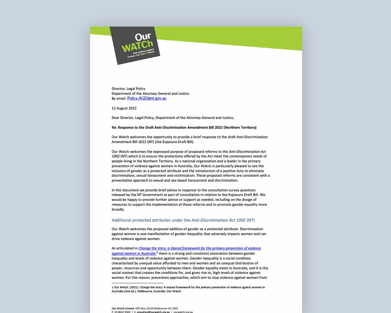 Cover of document with publication title, with Our Watch logo.