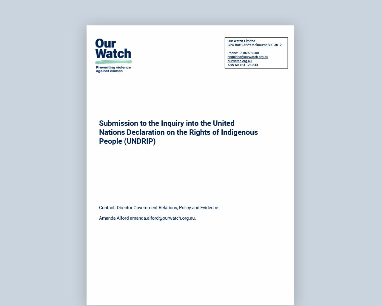 Cover of document with publication title, with Our Watch logo.