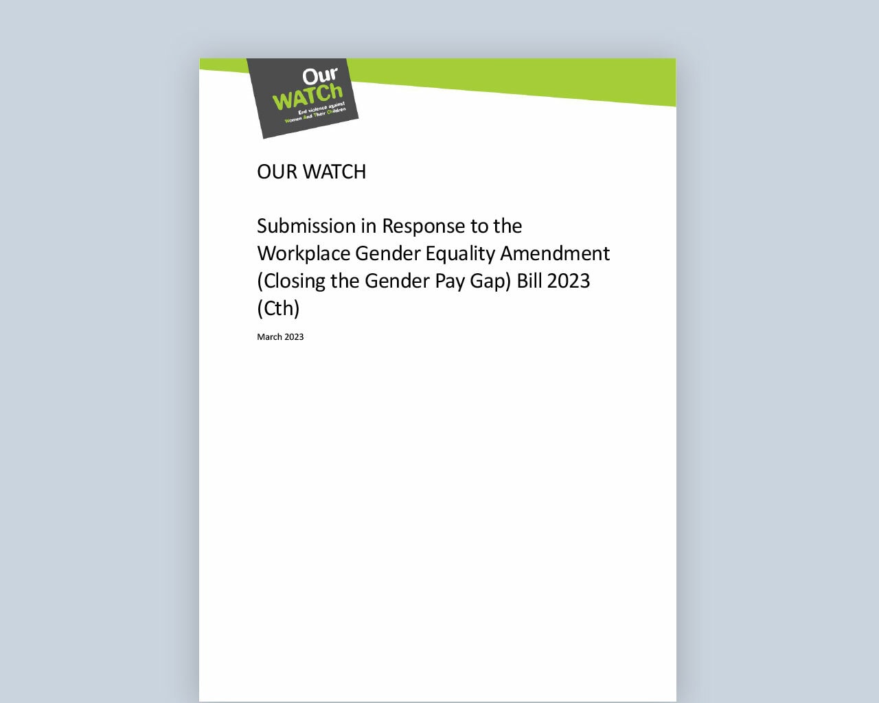 Cover of document with publication title, with Our Watch logo.