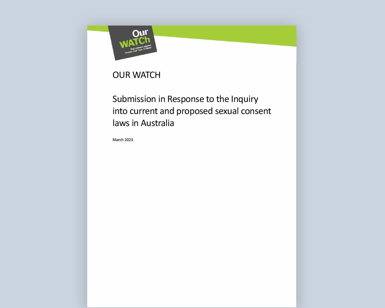 Cover of document with publication title, with Our Watch logo.